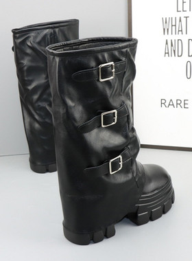 12CM增高扣带中筒西部骑士靴女秋冬辣妹裤管靴10cm厚底黑色堆堆靴