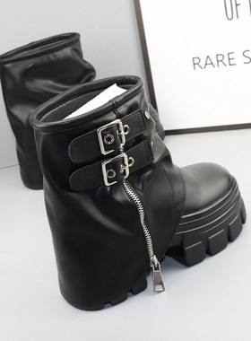 超高跟12CM厚底马丁靴女秋冬小个子10cm增高显瘦粗跟休闲裤管短靴