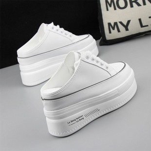 一脚蹬半托 外穿显瘦无后跟小白鞋 超高跟10cm皮面半拖鞋 女2021夏季