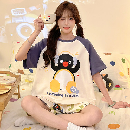 睡衣女款夏季纯棉短袖短裤薄款卡通可爱加大码胖mm少女学生家居服