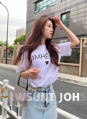 清仓！Kimhekim爱心桃心heart设计师品牌白色T恤上衣女棉圆领