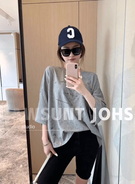 清仓！小众个性化中长袖签字印花落肩袖廓形百搭时髦夏女T恤