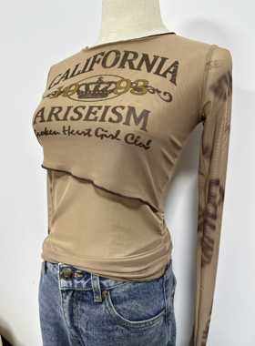 美式复古辣妹微透印花长袖t恤女2024夏季新款打底上衣女