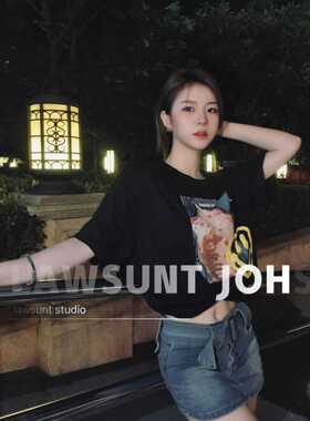 清仓！黑色减龄露脐中长袖夏秋圆领显瘦美式街头风韩系女短袖t恤