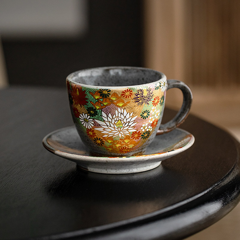 日本进口九谷烧金色花海咖啡杯碟套装高档日式复古风陶瓷茶杯茶具