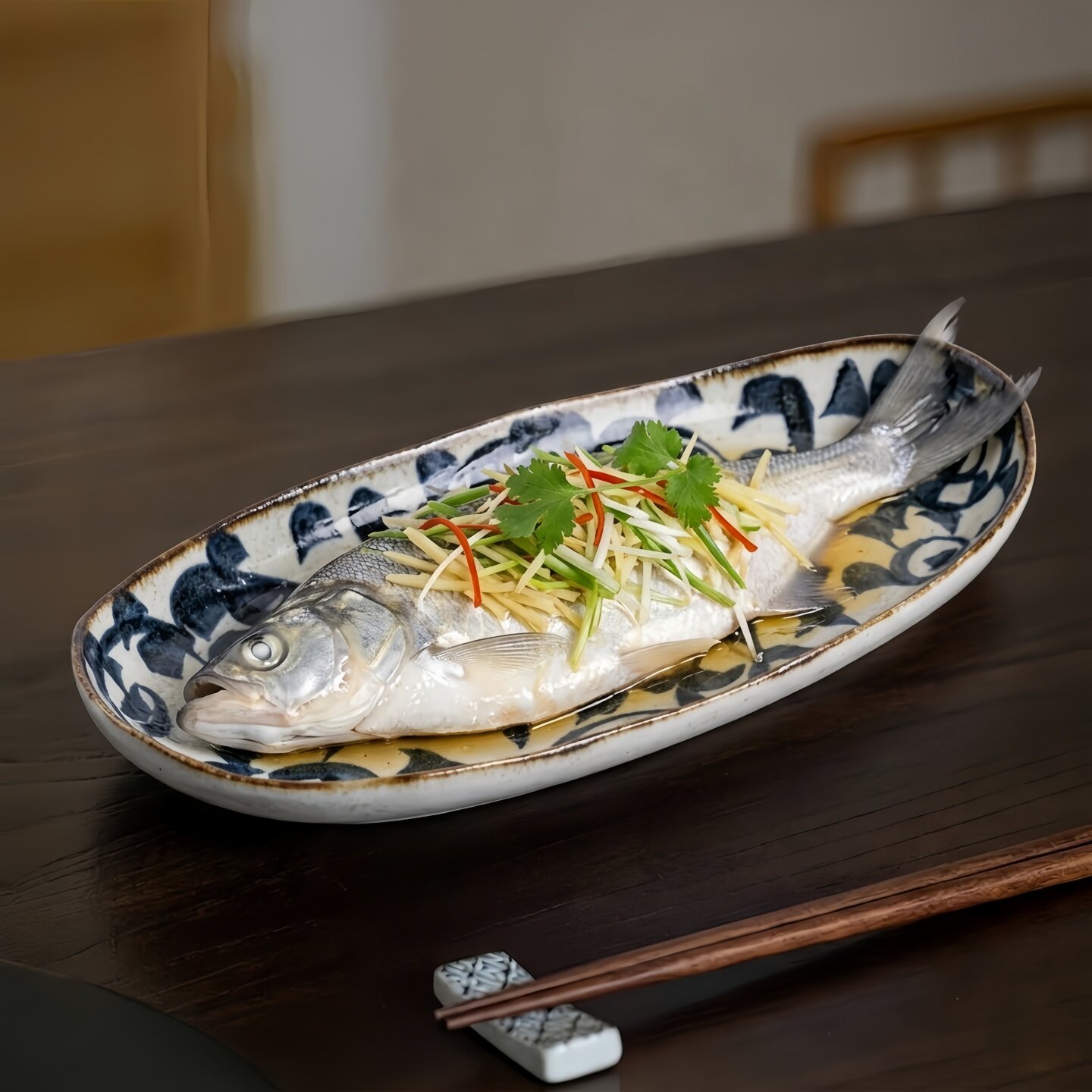 同合日本进口唐草纹陶瓷鱼盘釉下彩日式手工餐具椭圆形寿司刺身盘
