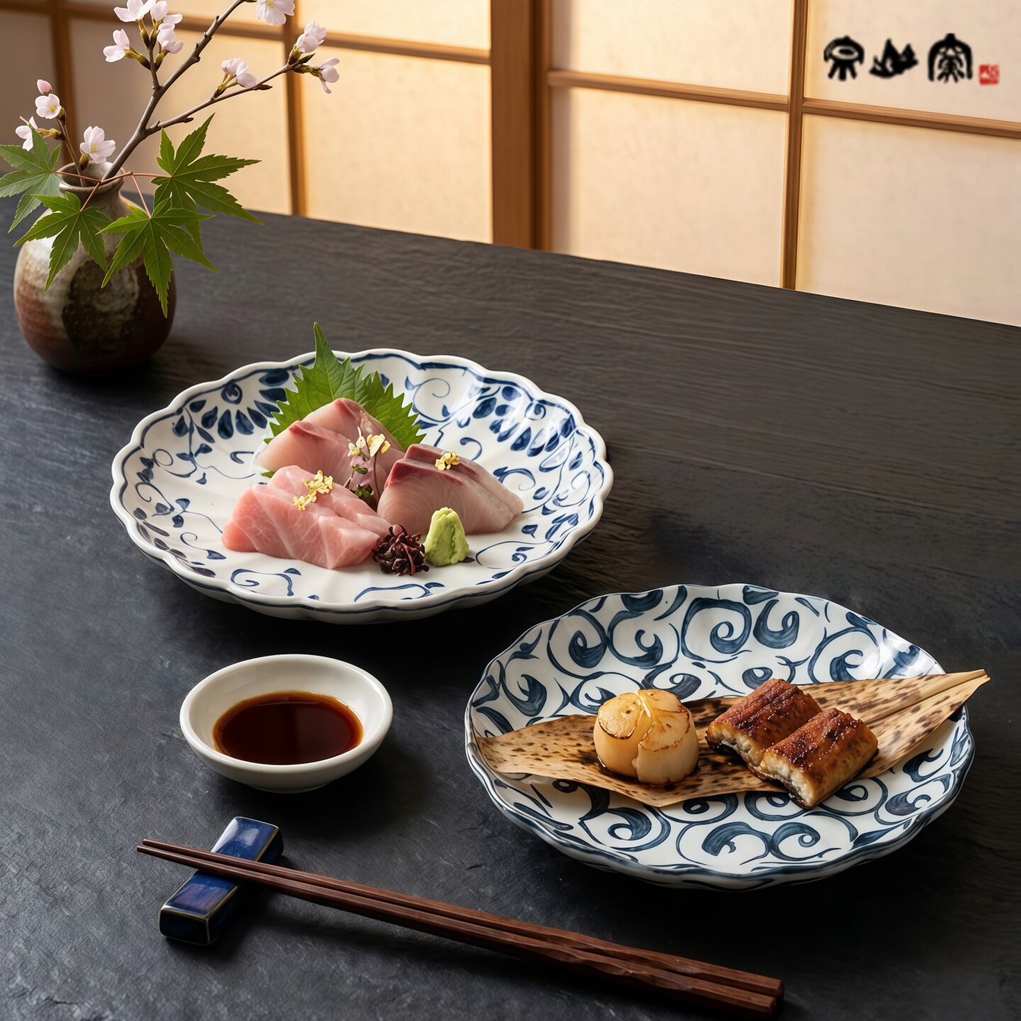 日本进口宗吉窑手绘唐草陶瓷汤盘深钵手工高颜值盘子釉下彩餐具