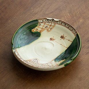 同合进口织部弥田手绘花卉陶瓷盘日式复古釉下彩家用菜盘汤盘餐具