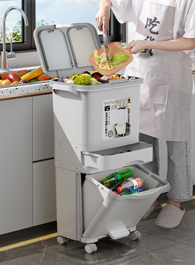 厨房垃圾桶带盖防臭家用可移动厨余干湿分离分类大容量双层带脚踏