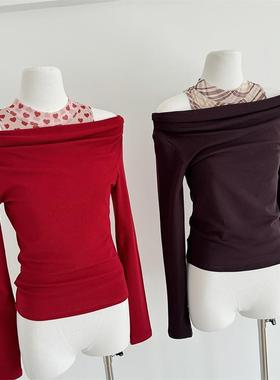 辣妹风时尚一字肩修身红色T恤女韩系半高领网纱背心气质纯欲套装