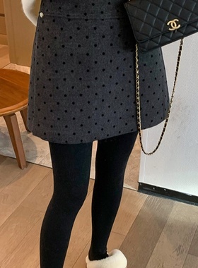 波点A字半身裙女2025年冬季高腰显瘦遮跨防走光通勤百搭灰色短裙