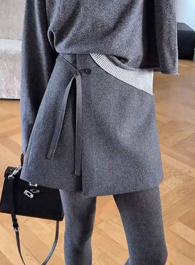 灰色毛呢A字半身裙不对称时尚秋冬新款系带通勤高腰显瘦气质短裙