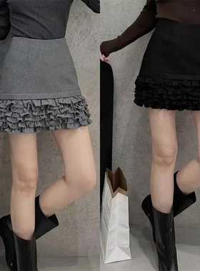 半身裙高腰甜美显瘦2025年秋冬下摆小众木耳边时尚A字毛呢短裙女