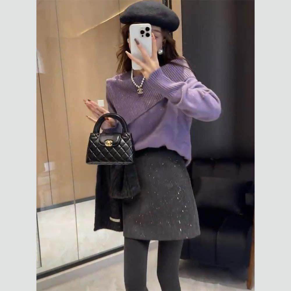 秋冬装搭配一套韩系紫色气质一字领宽松显瘦针织毛衣半身裙两件套