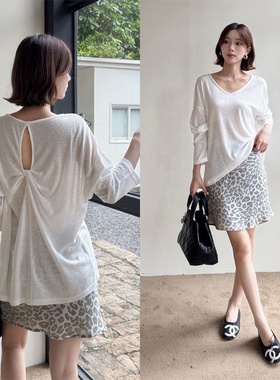 早秋时尚设计感小众V领露背长袖T恤上衣高腰显瘦豹纹半身裙两件套