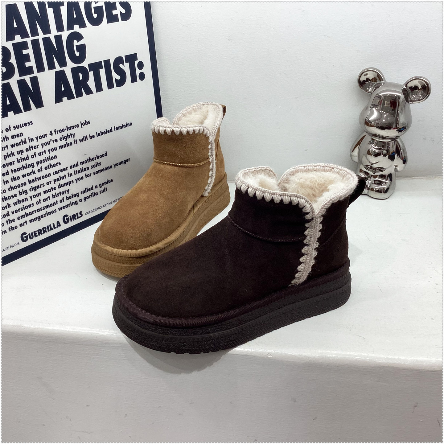 2025冬时尚百搭加绒大棉东北短靴厚底增高雪地靴保暖她致松糕底