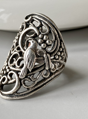 欧洲回流纯银戒指自然题材动物植物鸟葡萄Vintage