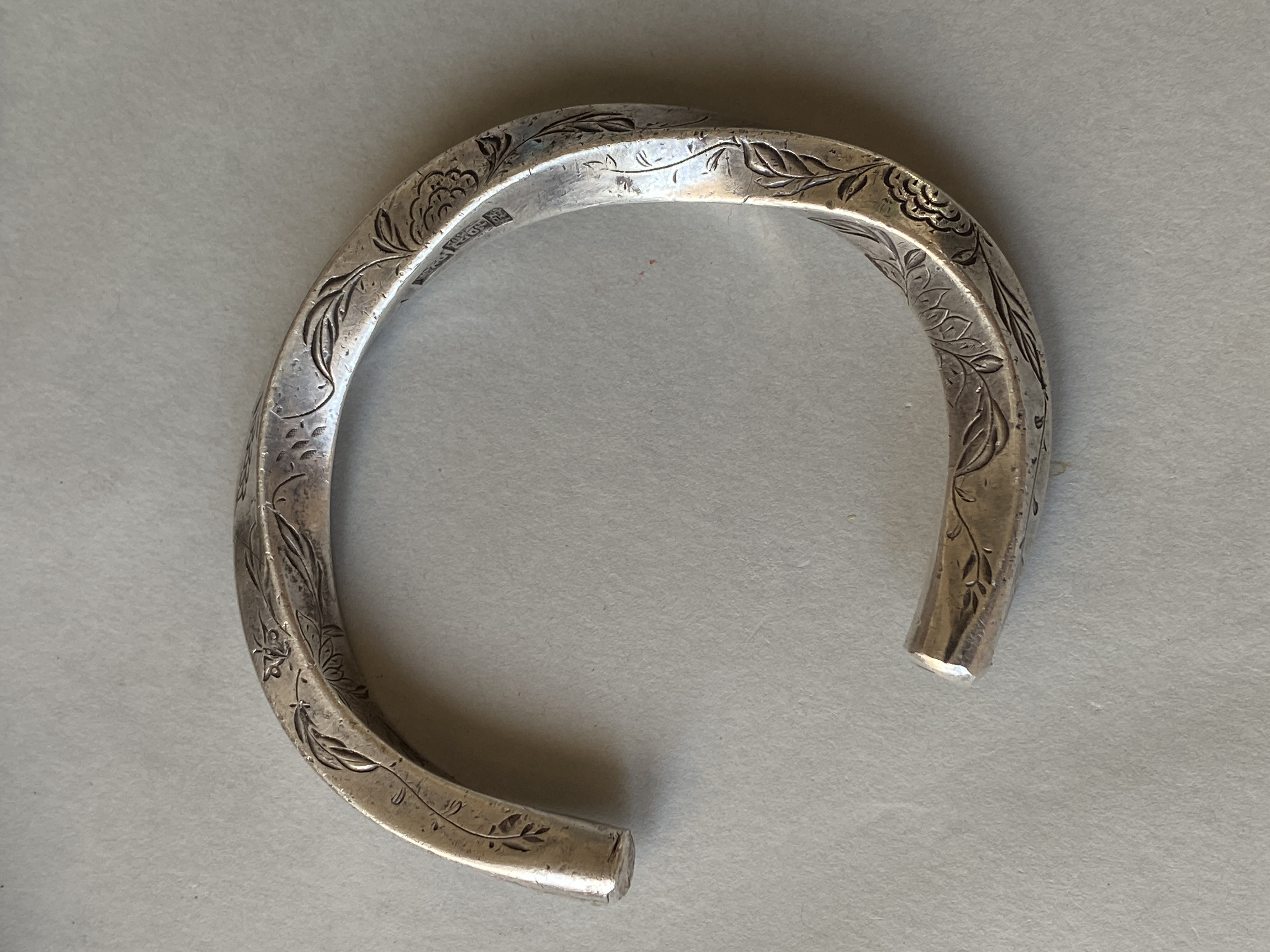 古董银镯子 带银楼标 安吉 雕花 开口 87g