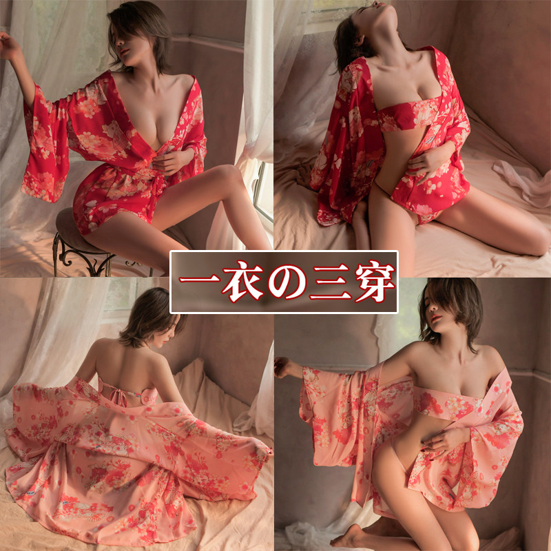 性感樱花抹胸睡裙三件套纯欲绑带睡衣服装内衣日式和服套装制服女