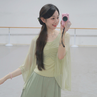 中国古典舞纱衣夏季 现代舞服假两件身韵网纱拼接上衣女舞蹈练功服