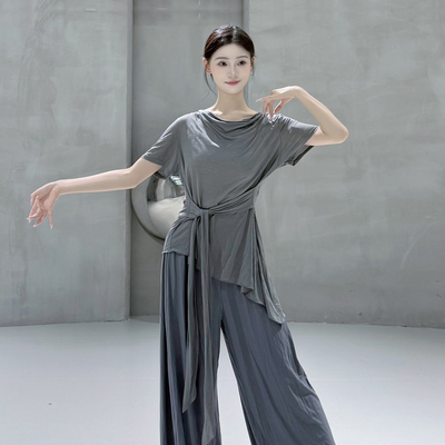 衣霓子现代舞短袖不规则绑带收腰