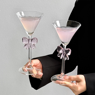 创意蝴蝶结装饰鸡尾酒杯透明精致玻璃高脚杯个性酒杯高级马天尼杯