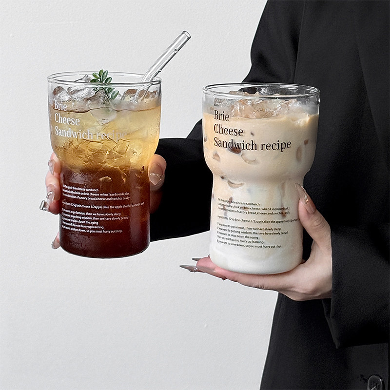 ins风英文简约玻璃水杯高硼硅咖啡杯网红杯子果汁杯饮料牛奶杯子