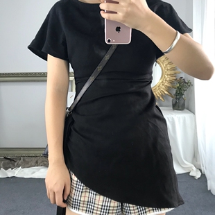 黑色棉麻显瘦飞袖 张黑黑 飘带收腰上衣top HEIHEI ZHANG