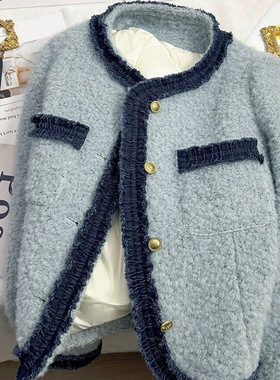 内里充绒蓝色拼接法式小香风外套短外套2026秋冬新款气质百搭上衣