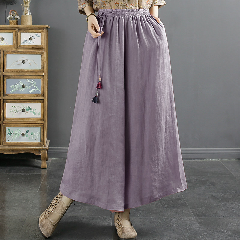千秋飞燕复古国风流苏苎麻阔腿裤女夏季松紧腰宽松纯色九分裙裤