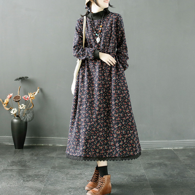 千秋飞燕文艺棉麻碎花加绒连衣裙女2021冬新款宽松半高领系带长裙