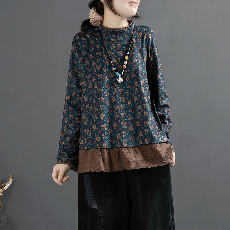 千秋飞燕文艺复古蕾丝拼接碎花打底衫女秋冬季宽松加厚荷叶领上衣