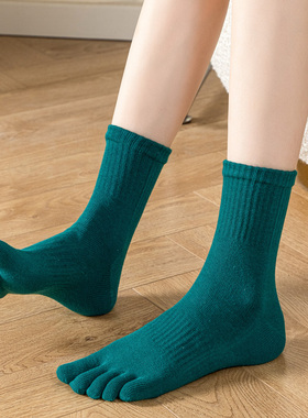 五指袜女中筒秋冬款厚分趾袜全棉纯色简约五趾袜四季款吸汗保暖袜