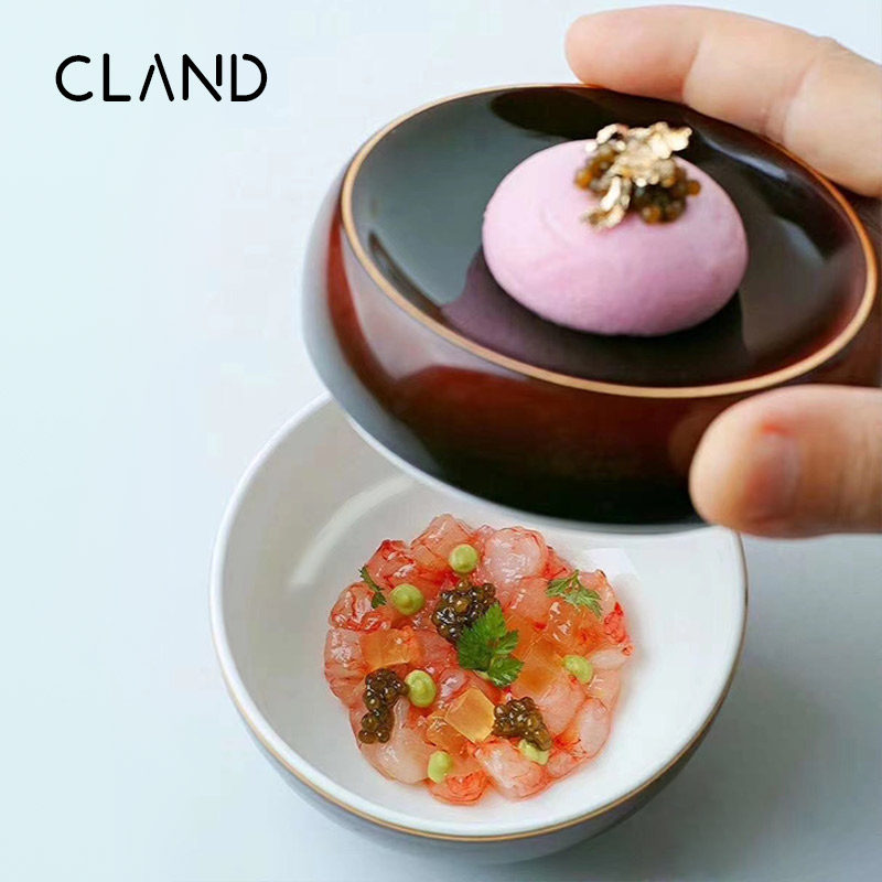 酒店陶瓷餐具渐变金边小碗创意两用双层碗餐厅个性带盖位上甜点碗