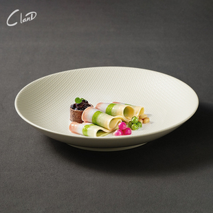 高级感简约风格 深盘子白色网纹圆盘意境菜盘高档特色陶瓷餐厅餐盘