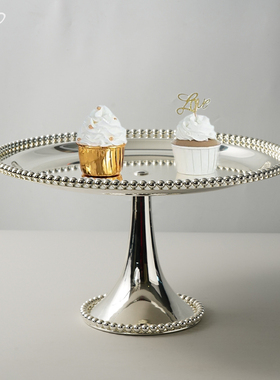 精致复古下午茶餐具欧式高脚圆珠盘金属银蛋糕架甜品零食水果托盘