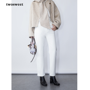 twosweet抗皱牛奶绒/白色高腰烟管直筒牛仔裤秋冬加绒显瘦九分裤