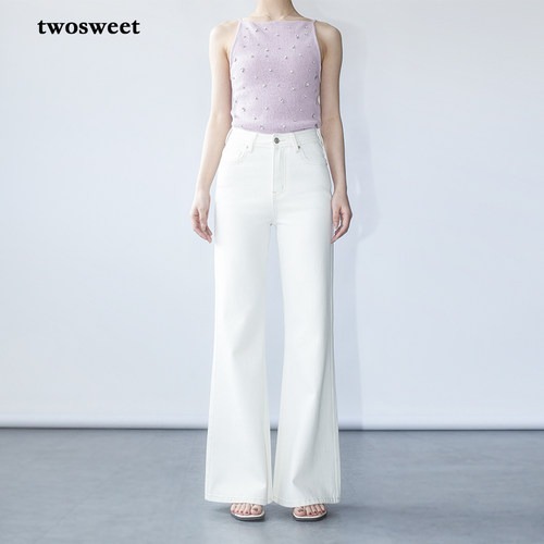 超级裤神白色四面弹直筒微喇长裤