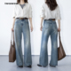 女 重工大牛风水洗冰裂纹高腰直筒阔腿牛仔裤 twosweet 美胯一体缝