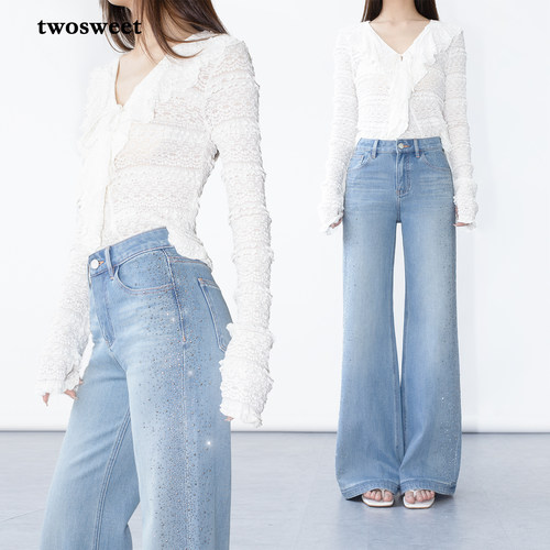twosweet 落碎星河 烫钻牛仔裤水洗浅蓝四面弹舒适直筒微喇长裤女