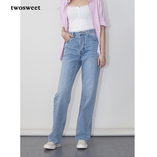 twosweet 浅蓝90S秀场复古美式 中高腰直筒全棉牛仔长裤 品质在线