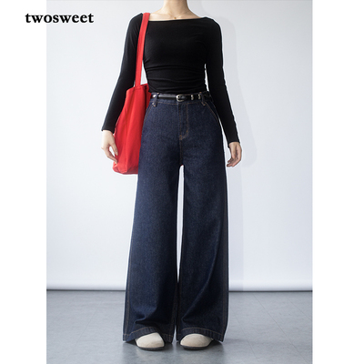 2个长度高腰阔腿原色牛仔长裤秋