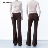 twosweet蚀美腰臀比 女提臀 微喇牛仔裤 巧克力棕 中低腰四面弹修身