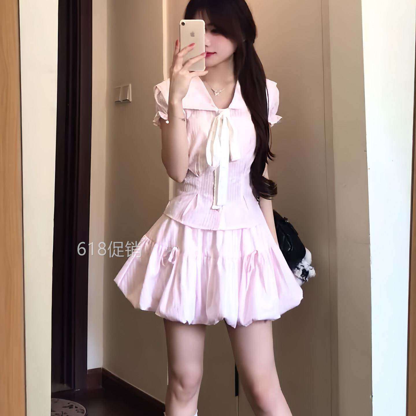 巨好看漂亮两件套装夏季穿搭蝴蝶结翻领粉色上衣蓬蓬半身裙一整套