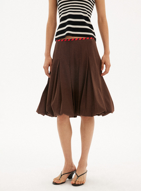 597c原创夏季新款褶皱半裙女过膝小个子慵懒a字伞裙复古撞色腰头