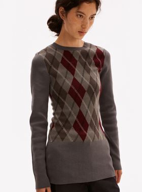 597c原创修身毛衣女菱格毛针织衫长袖上衣圆领套头长款叠穿通勤