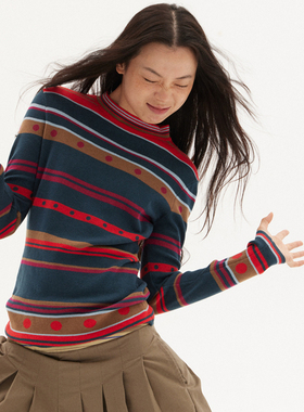 597c原创针织上衣女修身显瘦撞色条纹长袖针织衫秋冬内搭费尔岛