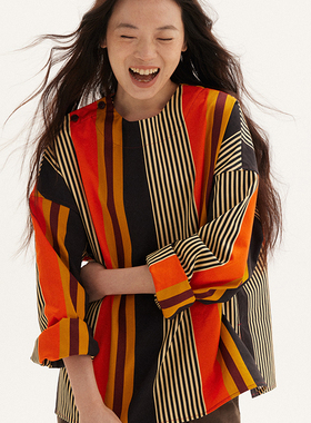 597c原创法式设计感撞色竖条纹衬衫高级感通勤上衣女红色长袖慵懒