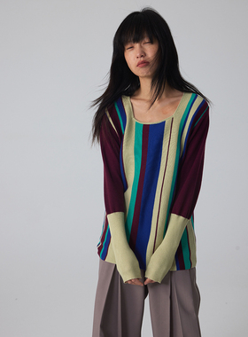 597c原创2025早春新款上衣修身大领口宽松针织条纹休闲毛衣高级感