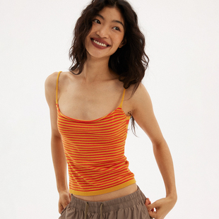 597c原创细条纹橘色吊带遮副乳大领口弹力修身 凉爽 显瘦短背心夏季